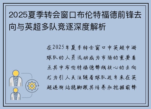 2025夏季转会窗口布伦特福德前锋去向与英超多队竞逐深度解析